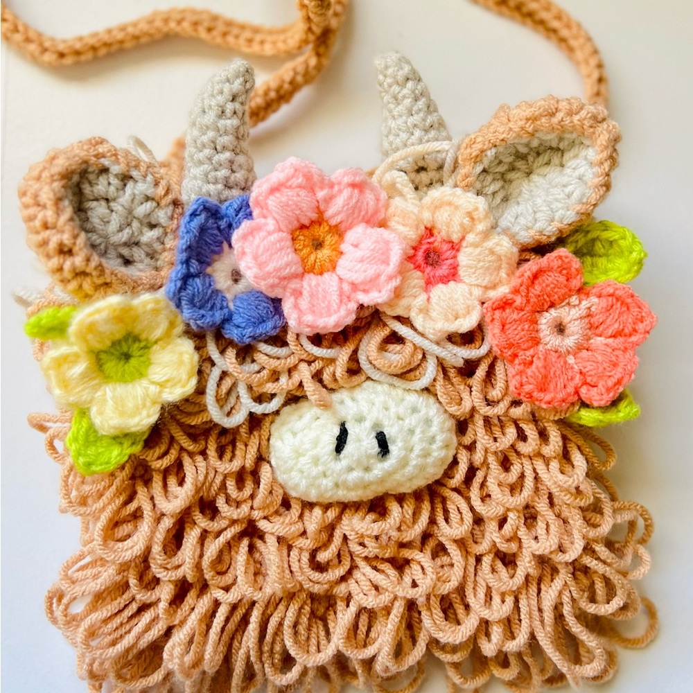 Handmade crocheted highland cow cross bag